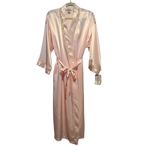 NWT Vintage Dentelle Pink Satin Long Robe Rose Lace Trim Size Large Deadstock - Picture 1 of 13